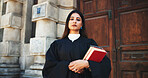 Portrait, lawyer and woman with folder, outdoor and verdict claims with courtroom schedule. Face, person and attorney with file, serious and legal services with justice constitution and statement