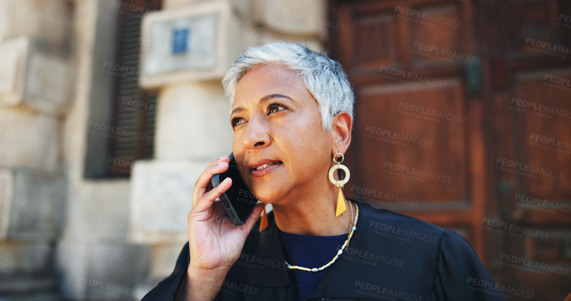 Buy stock photo Phone call, lawyer and woman in city, discussion and documents with legal aid service. Outdoor, mature person and attorney with cellphone, litigation and folder for court case, talking or negotiation