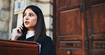 Phone call, lawyer and woman in city, conversation and documents with legal aid service. Outdoor, employee and attorney with smartphone, discussion and folder for court case, talking and negotiation