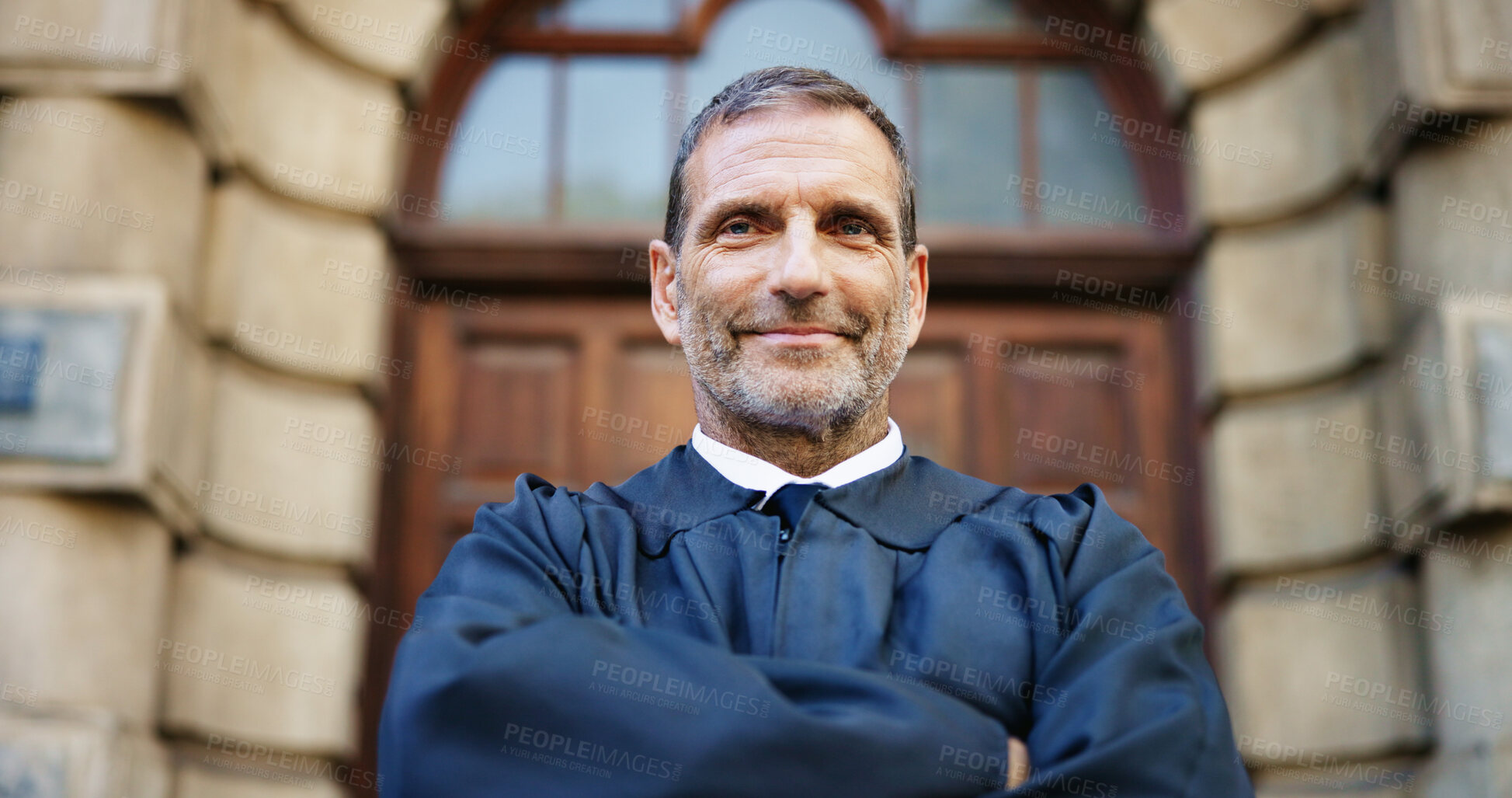 Buy stock photo Portrait, man and judge with confidence in city for career pride, urban justice and court recess. Mature magistrate, arms crossed and authority of hearing verdict, trial process and procedure of case