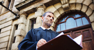 Buy stock photo Thinking, judge and mature man with court, confidence and pride for career ambition and success. Person, low angle and attorney with lawyer, constitution and law firm for justice system knowledge
