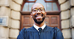 Portrait, smile and black man judge in city for trial report, policy legislation and legal documents. Lawyer, attorney and confidence with happy person at courtroom outdoor for government justice