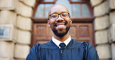 Buy stock photo Portrait, smile and black man judge in city for trial report, policy legislation and legal documents. Lawyer, attorney and confidence with happy person at courtroom outdoor for government justice