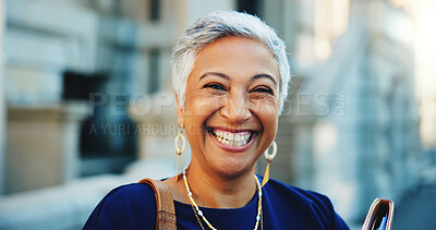 Buy stock photo Lawyer, documents and portrait with business woman in city for court case files, laughing and attorney brief. Plead agreement, legal research and advocate paperwork with mature person outdoor