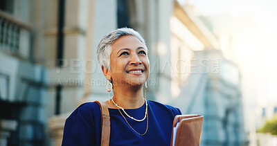 Buy stock photo Lawyer, documents and thinking with business woman in city for court case files, trial assessment and attorney brief. Plead agreement, legal research and advocate paperwork with mature person outdoor