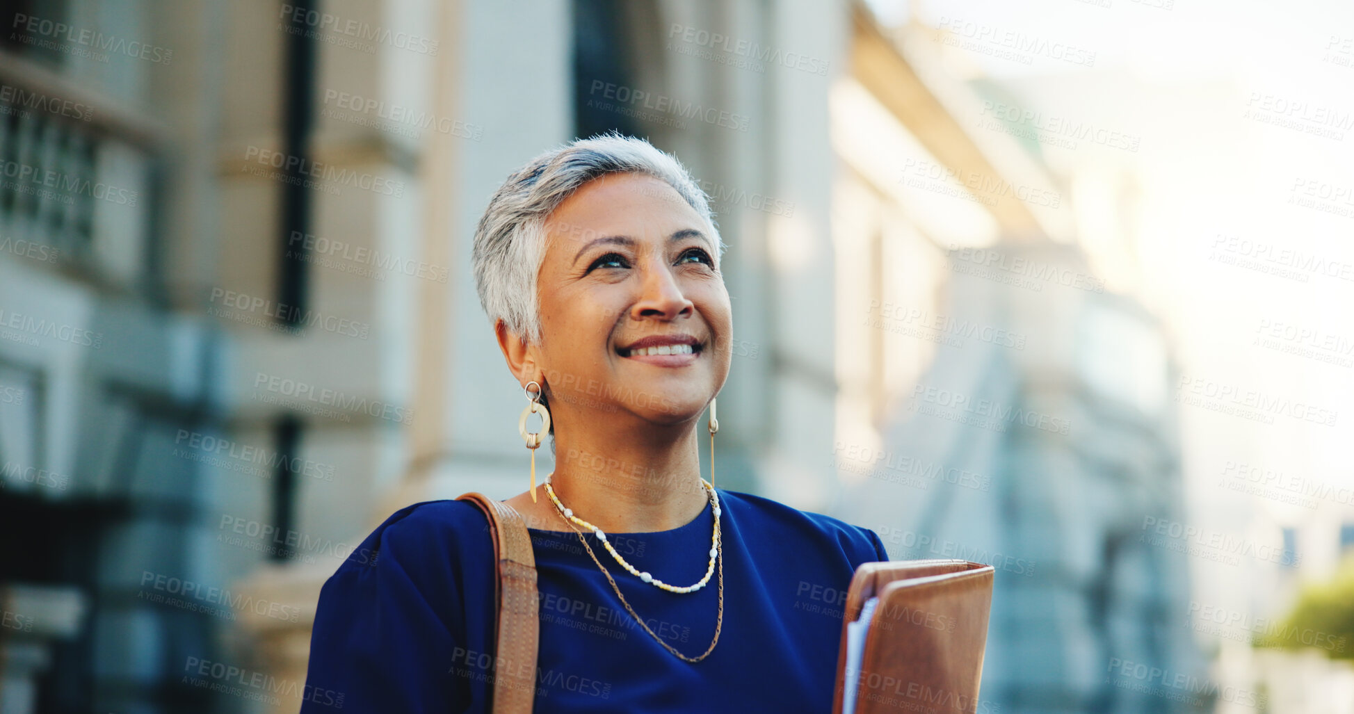 Buy stock photo Lawyer, documents and thinking with business woman in city for court case files, trial assessment and attorney brief. Plead agreement, legal research and advocate paperwork with mature person outdoor