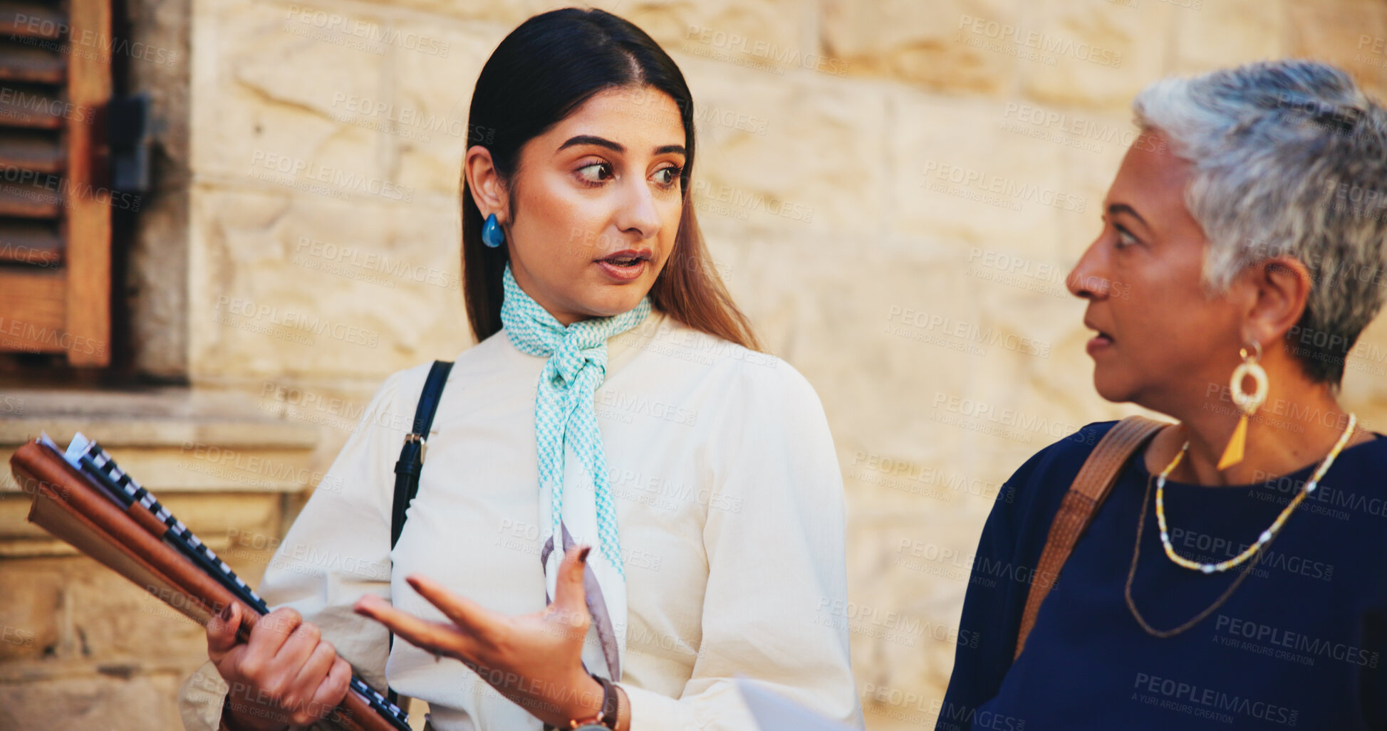 Buy stock photo Lawyer, team and documents with business people in city for case files, trial assessment or attorney brief. Plead agreement, legal partnership and advocate paperwork with women outdoor for discussion