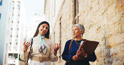 Buy stock photo Lawyer, team and walking with business people in city for case files, trial assessment and attorney brief. Plead agreement, legal partnership and advocate paperwork with women outdoor for discussion