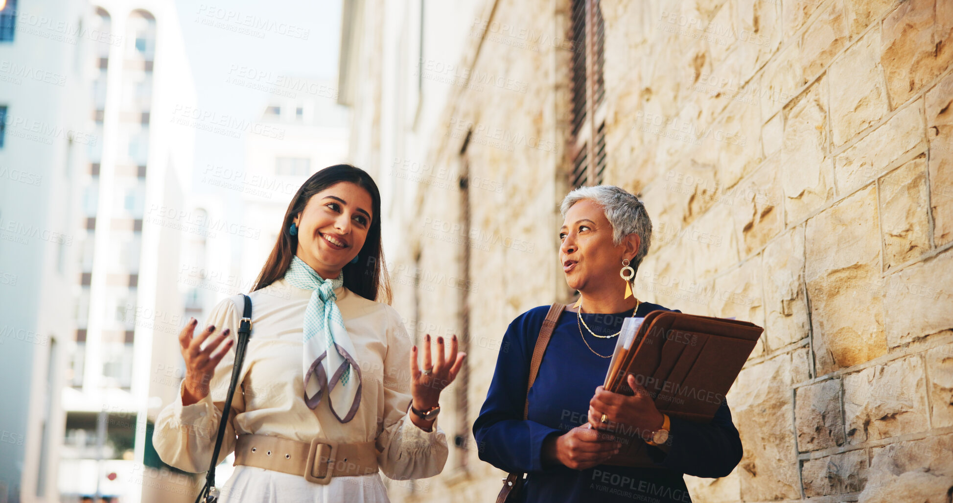 Buy stock photo Lawyer, team and walking with business people in city for case files, trial assessment and attorney brief. Plead agreement, legal partnership and advocate paperwork with women outdoor for discussion