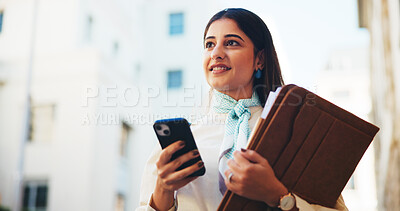 Buy stock photo Lawyer, documents and phone with business woman in city for court case files, thinking or attorney brief. Plead agreement, reflection and advocate paperwork with person and client contact and vision