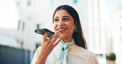 Buy stock photo Smile, record and phone call with business woman in city for communication, real estate listing and connection. Networking, client contact and property viewing schedule with person talking outdoor 