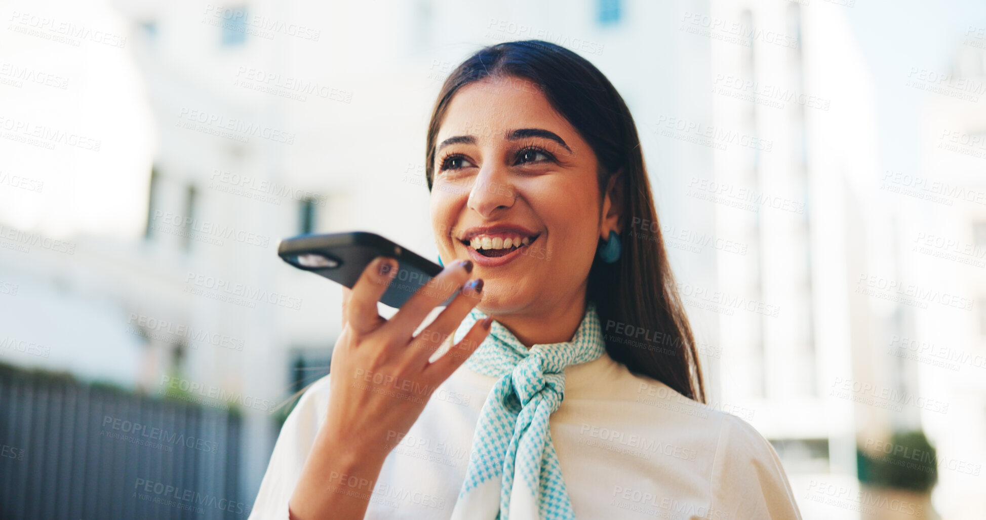 Buy stock photo Smile, record and phone call with business woman in city for communication, real estate listing and connection. Networking, client contact and property viewing schedule with person talking outdoor 