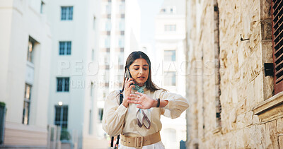 Buy stock photo Business woman, phone call and watch in city for taxi, driver or stress for schedule on sidewalk. Person, smartphone and check clock on road for time management on commute, travel or trip in Mexico