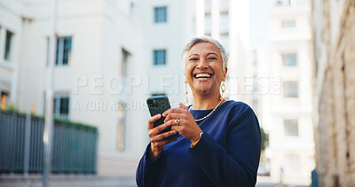 Buy stock photo Smile, portrait and phone with business woman in city for communication, real estate listing and connection. Networking, client feedback and property viewing schedule with mature person outdoor 
