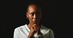 Thinking, depression and black woman with anxiety in studio, fear and mental health on background space. Pensive, stress and person worry for psychological trauma, crisis or abuse victim with regret