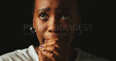 Buy stock photo Thinking, depression and black woman with stress in studio, fear and mental health on background. Pensive, anxiety and sad person worry for psychological trauma, crisis and abuse victim with doubt