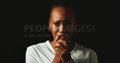 Buy stock photo Thinking, anxiety and sad woman biting nails in studio for fear, stress and mental health on background. Pensive, nervous and black person worrying for trauma, crisis and depression with nyctophobia