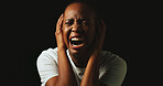 Woman, screaming and stress in studio with anxiety, panic and mental health by black background. African girl, crying and shouting with depression, frustrated and lonely with trauma, ptsd and dark