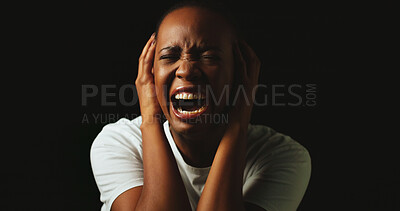 Buy stock photo Woman, screaming and stress in studio with anxiety, panic and mental health by black background. African girl, crying and shouting with depression, frustrated and lonely with trauma, ptsd and dark
