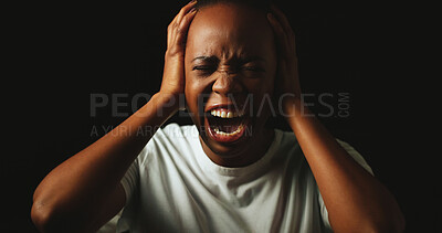 Buy stock photo African woman, screaming and stress in studio with anxiety, panic and mental health by black background. Person, crying and shouting with depression, frustrated and lonely with trauma, ptsd and dark