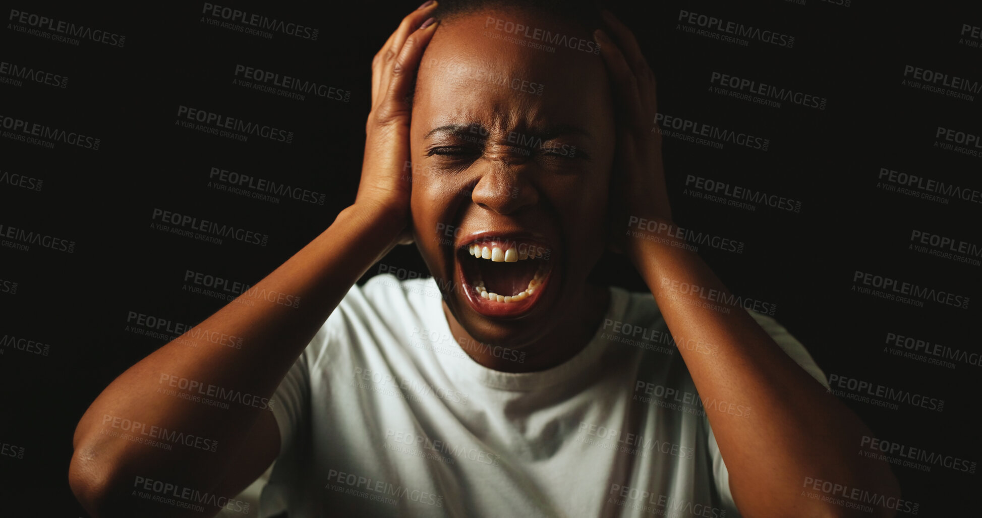 Buy stock photo African woman, screaming and stress in studio with anxiety, panic and mental health by black background. Person, crying and shouting with depression, frustrated and lonely with trauma, ptsd and dark