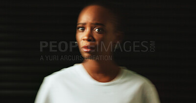 Buy stock photo Scared, mental health and portrait of woman in studio with trauma, emotional abuse and bipolar disorder. Psychology, long exposure and person with anxiety, depression and stress on black background