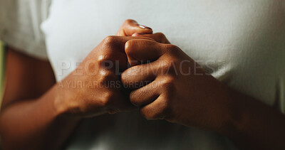 Buy stock photo Hands clasped, depression and nervous woman with fear, anxiety or mental health challenge with regret. Closeup, stress or person worry for psychological trauma, crisis or abuse victim with loneliness