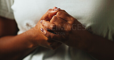 Buy stock photo Hands clasped, depression and woman with anxiety, fear or thinking of mental health challenge. Closeup, stress or person worry for psychological trauma, crisis or nervous abuse victim with loneliness