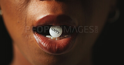 Buy stock photo Mouth, tablet and addiction in studio closeup with text for mind altering drugs by black background. Person, pills and illegal medicine with opioid crisis, mood and happy word with chemical compound