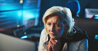 Buy stock photo Thinking, computer and business woman at night for programming, coding and cybersecurity. Professional, thoughtful and mature person on pc for website development, online research and software