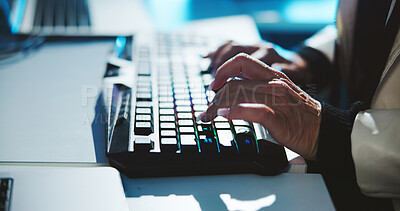 Buy stock photo Woman, hands and typing with keyboard for research, email or communication at office. Closeup of female person, journalist or business writer working late on computer for content creation at night