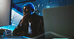 Black man, hacker and thinking with computer at night for programming, cyber attack and virus decision. Male person, pc and planning for website phishing, data protection and criminal with fraud risk