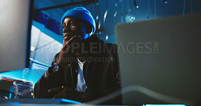 Buy stock photo Black man, hacker and thinking with computer at night for programming, cyber attack and virus decision. Male person, pc and planning for website phishing, data protection and criminal with fraud risk