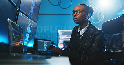 Buy stock photo Black woman, reading and coding on computer at night for programming, cyber attack and online information. Person, pc and server script for website phishing, data protection and binary for fraud risk