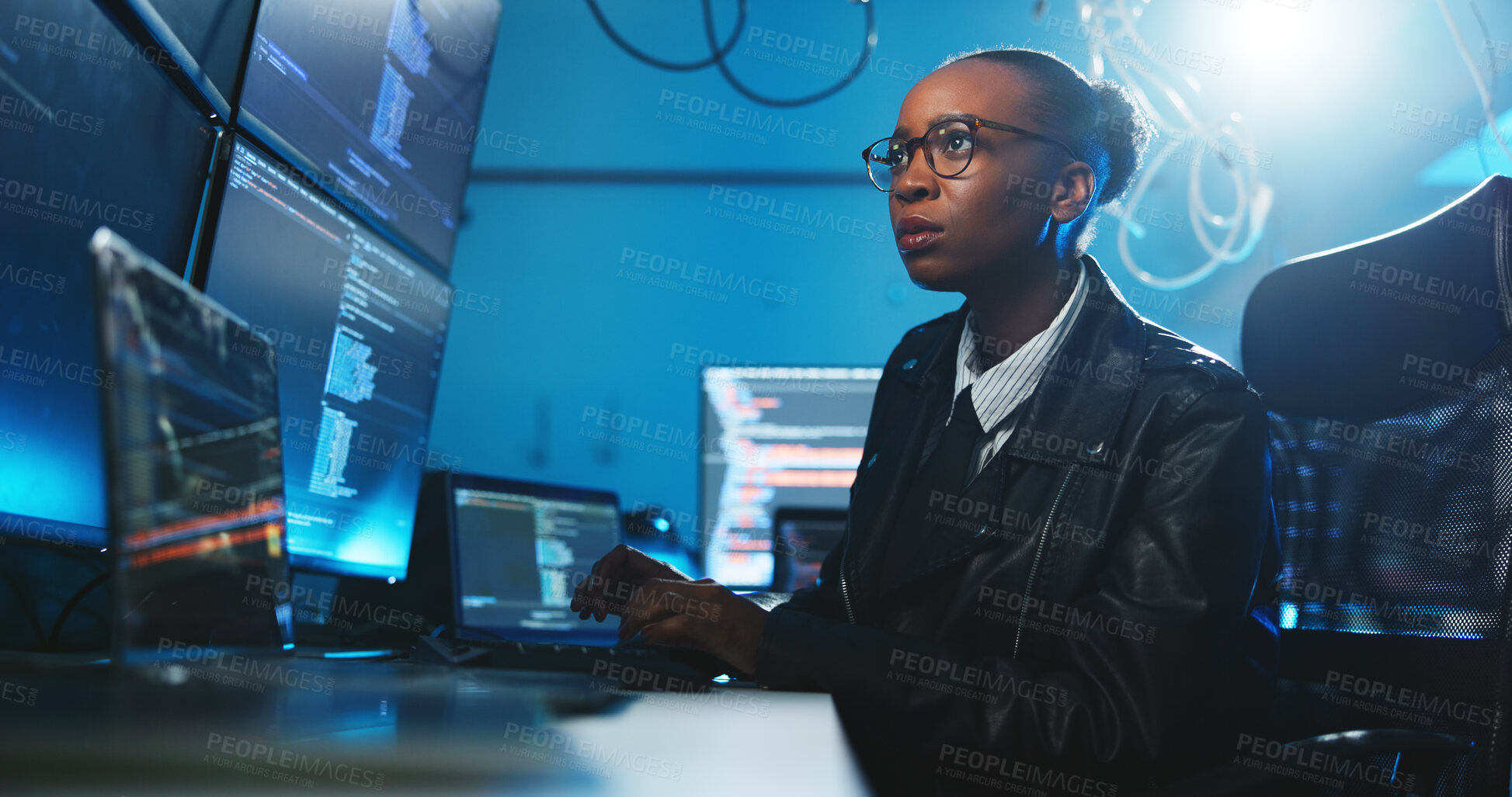 Buy stock photo Black woman, reading and coding on computer at night for programming, cyber attack and online information. Person, pc and server script for website phishing, data protection and binary for fraud risk