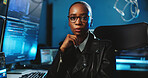 Portrait, black woman and coding on computer at night for programming, cyber attack and online information. Person, pc and research for website phishing, data protection and server script for hacking