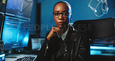 Buy stock photo Portrait, black woman and coding on computer at night for programming, cyber attack and online information. Person, pc and research for website phishing, data protection and server script for hacking