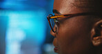 Business, night and black woman with glasses, coding and closeup with online reading. African person, profile and programmer in workplace, evening and feedback for email, clear vision and optometry