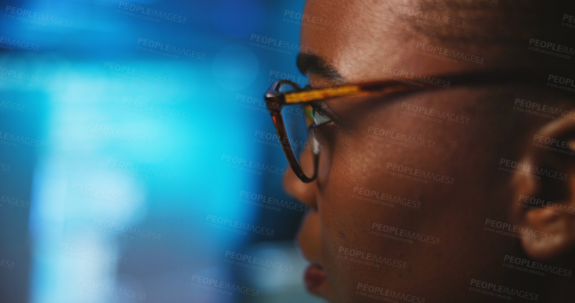 Buy stock photo Face, night and woman with glasses, coding and closeup with online reading for web development. African person, profile and programmer in office, deadline and space for software update at startup