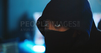Buy stock photo Serious, hacker and person with mask, night and mysterious for cyber attack in office, scam and privacy. Anonymous, criminal and security breach for ransomware, hacking and cover for face or fraud
