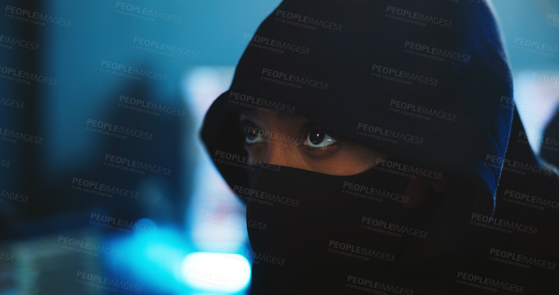 Buy stock photo Serious, hacker and person with mask, night and mysterious for cyber attack in office, scam and privacy. Anonymous, criminal and security breach for ransomware, hacking and cover for face or fraud