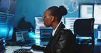 Hacker, coding and woman with computer, night and data for cyber espionage, system and phishing in office. Online, programming and person with tech for ransomware, spy and hacking for fraud or scam