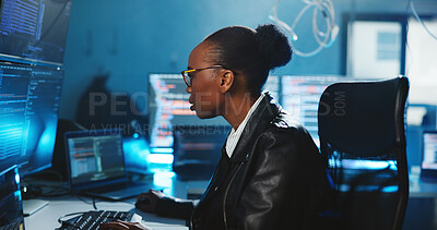 Buy stock photo Hacker, coding and woman with computer, night and data for cyber espionage, system and phishing in office. Online, programming and person with tech for ransomware, spy and hacking for fraud or scam
