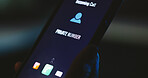 Incoming call, phone screen and hand with private number communication icon for phishing scam contact. Mobile connection, night and hacker with digital graphic, user and technology for stalker ID