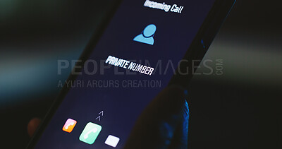 Buy stock photo Incoming call, phone screen and hand with private number communication icon for phishing scam contact. Mobile connection, night and hacker with digital graphic, user and technology for stalker ID