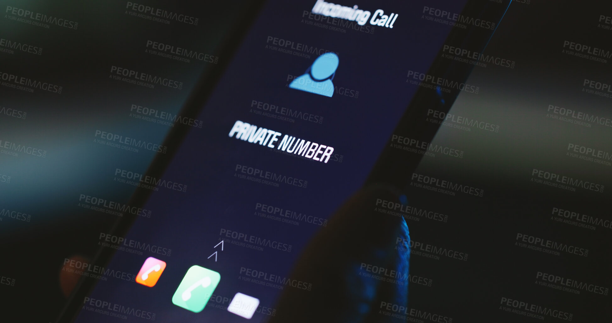 Buy stock photo Incoming call, phone screen and hand with private number communication icon for phishing scam contact. Mobile connection, night and hacker with digital graphic, user and technology for stalker ID