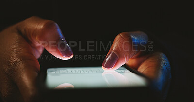 Buy stock photo Night, business and woman with smartphone, hands and typing with message to contact. Closeup, person and employee with cellphone, mobile user and social media with email, texting and communication