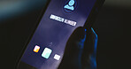 Phone call, screen or hand with unknown number, alert or icon display for phishing scam contact. Person, night and hacker with digital graphic, mobile user and technology for incoming anonymous ID