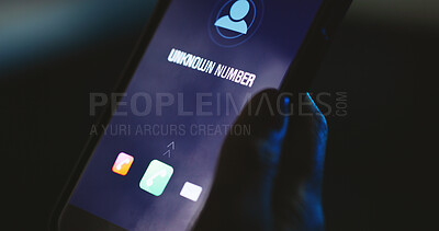 Buy stock photo Phone call, screen or hand with unknown number, alert or icon display for phishing scam contact at night. Person, dark and hacker with digital graphic, mobile user and tech for incoming anonymous ID