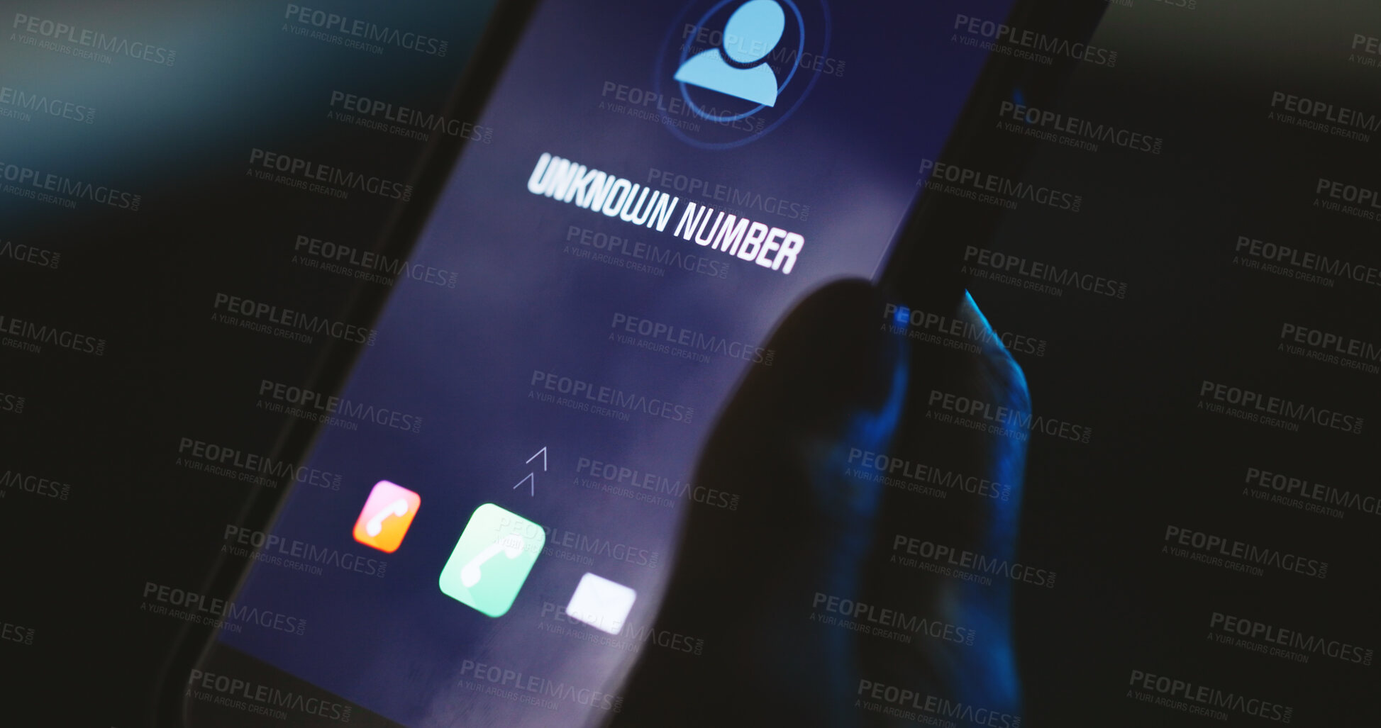 Buy stock photo Phone call, screen or hand with unknown number, alert or icon display for phishing scam contact at night. Person, dark and hacker with digital graphic, mobile user and tech for incoming anonymous ID